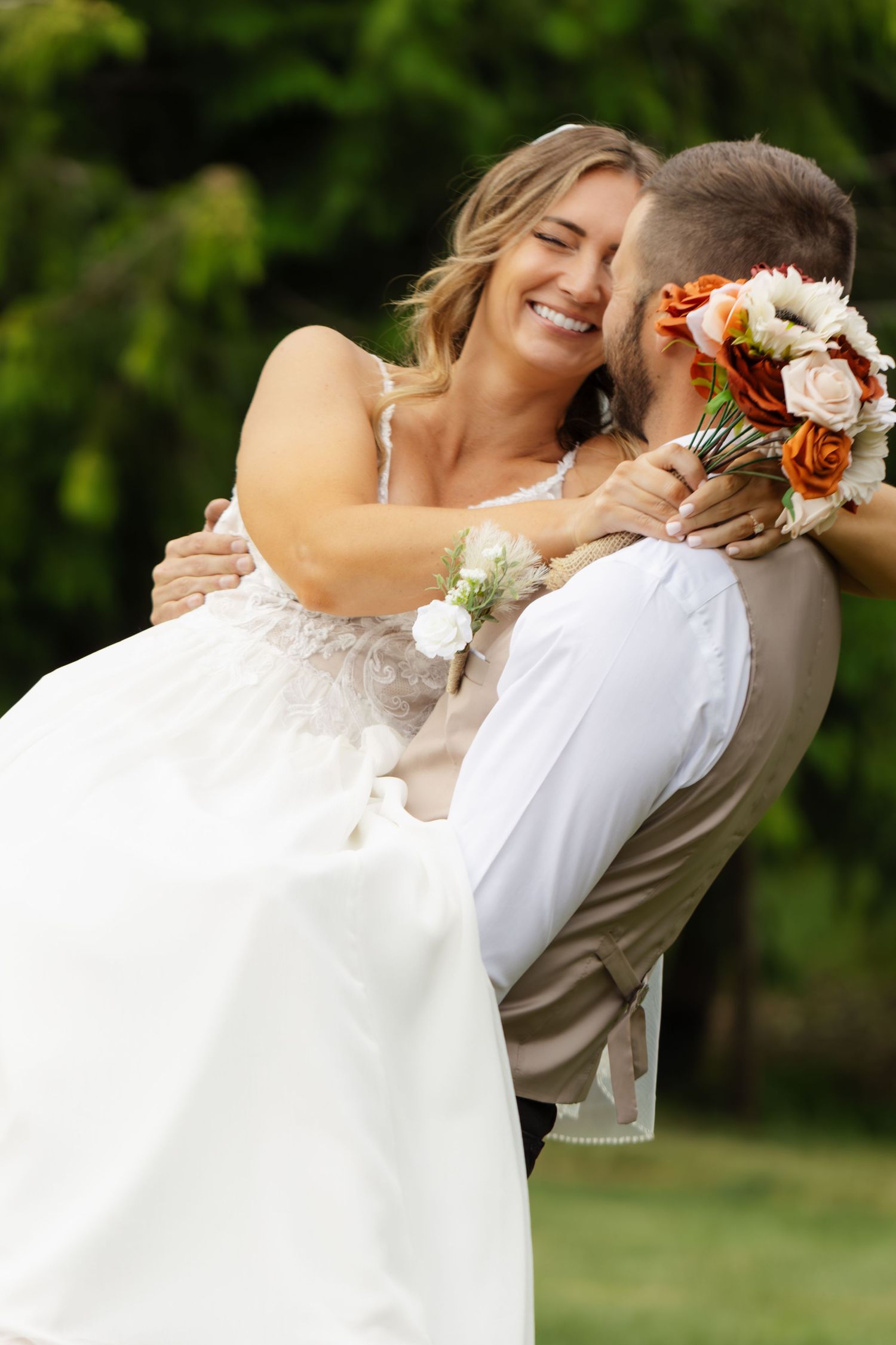 A romantic wedding moment captured in a series of photos showing a couple embracing outdoors with natural greenery.