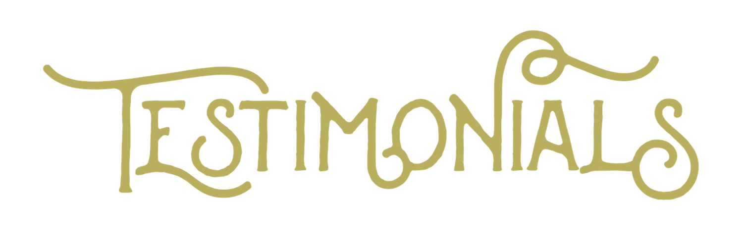 Gold decorative text reading 'Testimonials' in elegant calligraphic script against a white background.