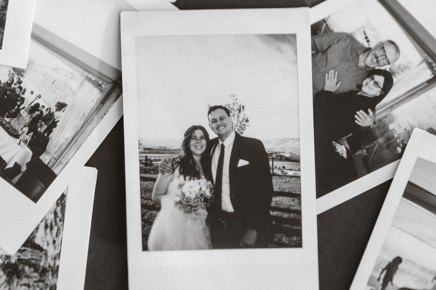 A collection of black and white wedding photographs arranged in a collage showing couples and celebratory moments.