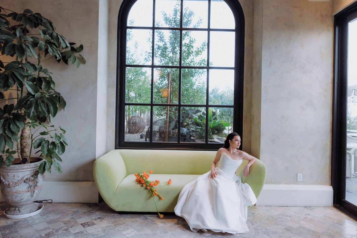 Sunlit room with arched windows, white walls, and lush indoor plants creating a serene atmosphere.