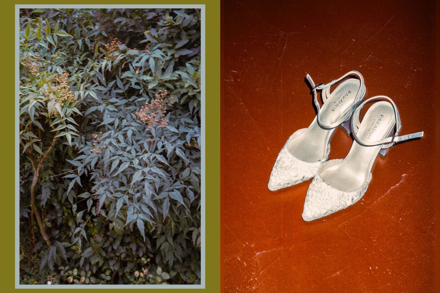 White bridal shoes and green foliage details arranged in an artistic composition.