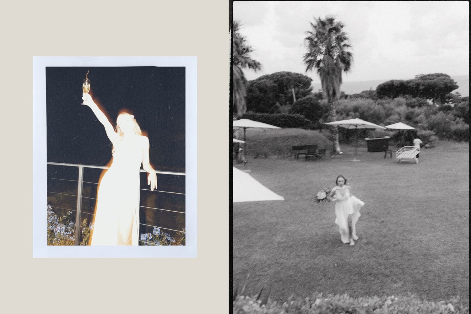 A sequence of black and white photos showing someone in white clothing walking through an outdoor setting.