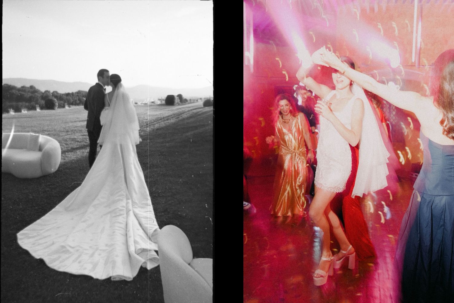 A black and white wedding photo next to a pink-tinted artistic party scene with dancing silhouettes.