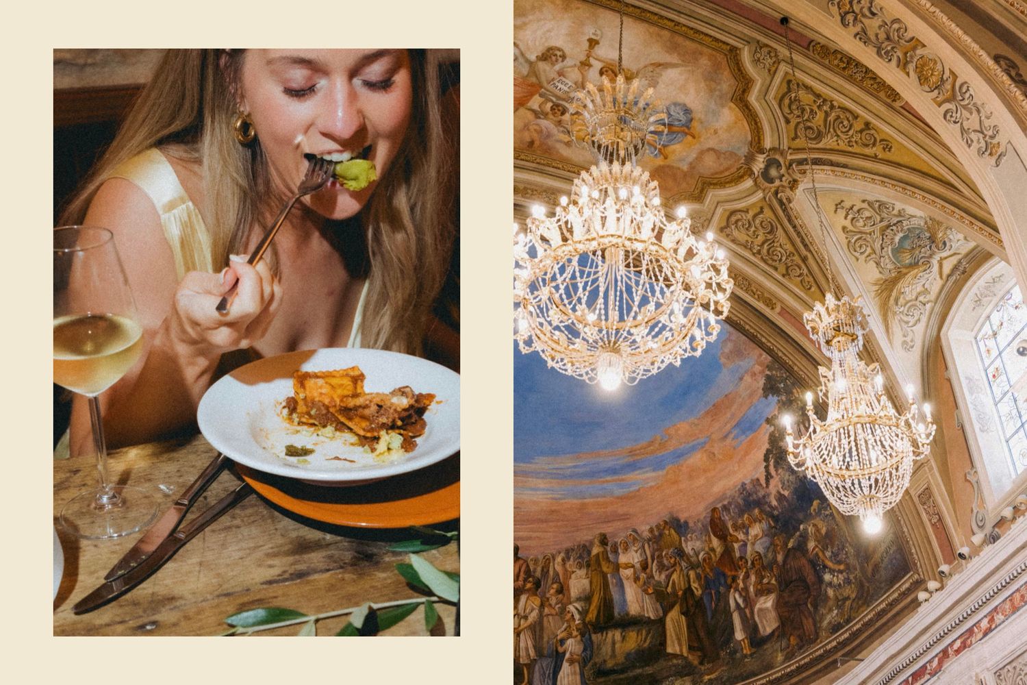 Two contrasting images show dining at a restaurant and an ornate palace ceiling with crystal chandeliers and frescoes.