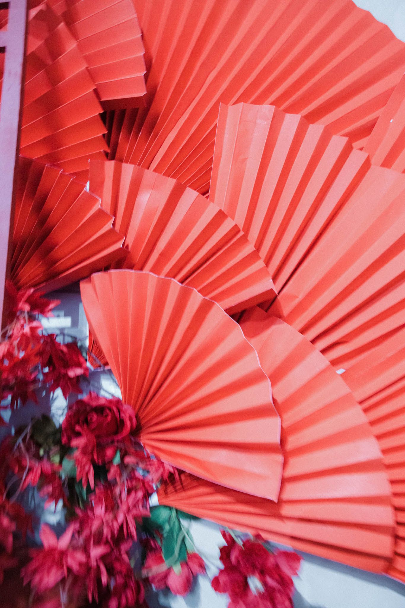 Vibrant coral-colored paper fans arranged in a row with deep red roses creating an elegant decorative display.