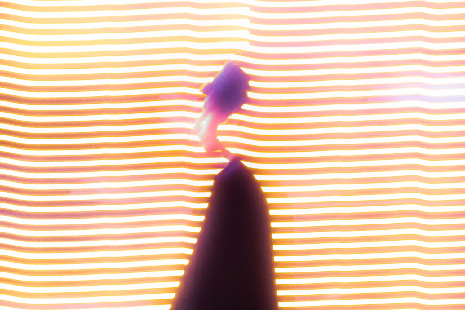 A silhouetted figure stands against a vibrant striped background of orange and pink horizontal lines.