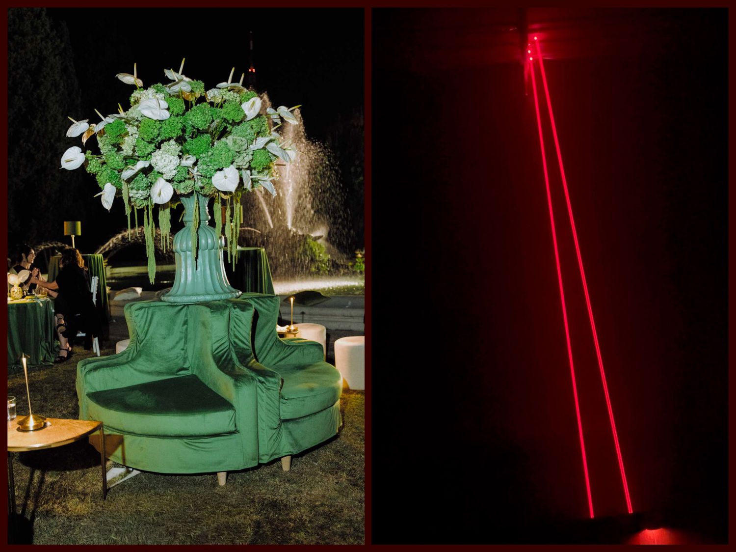 A series of green chairs and plants are arranged in a dark room with dramatic red lighting accents.