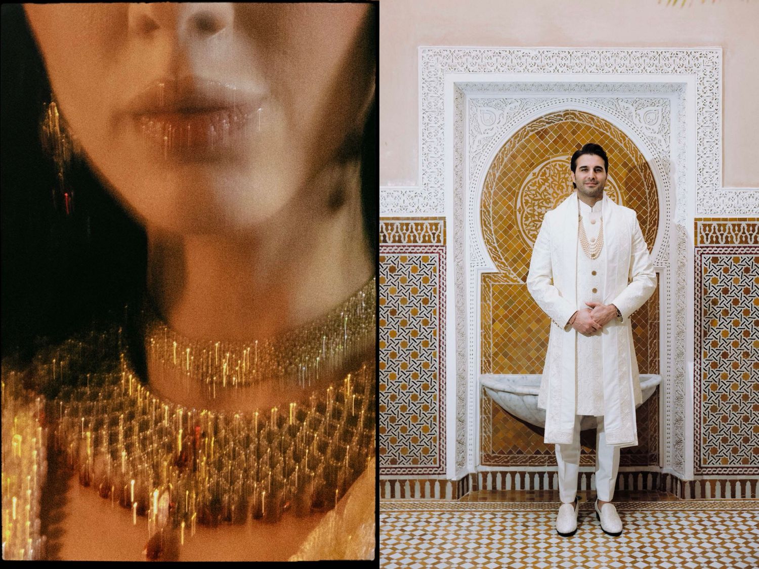 A series of ornate gold jewelry and fashion photos featuring traditional Indian accessories and white attire against patterned walls.