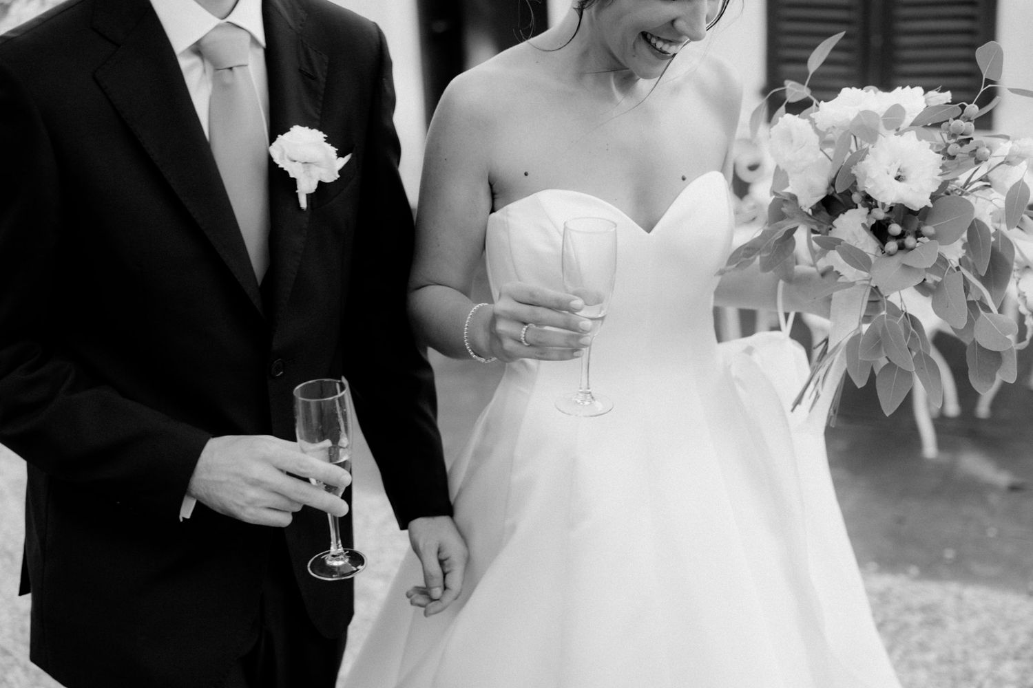 A collection of wedding photos showing couples toasting and celebrating with champagne glasses at a reception.