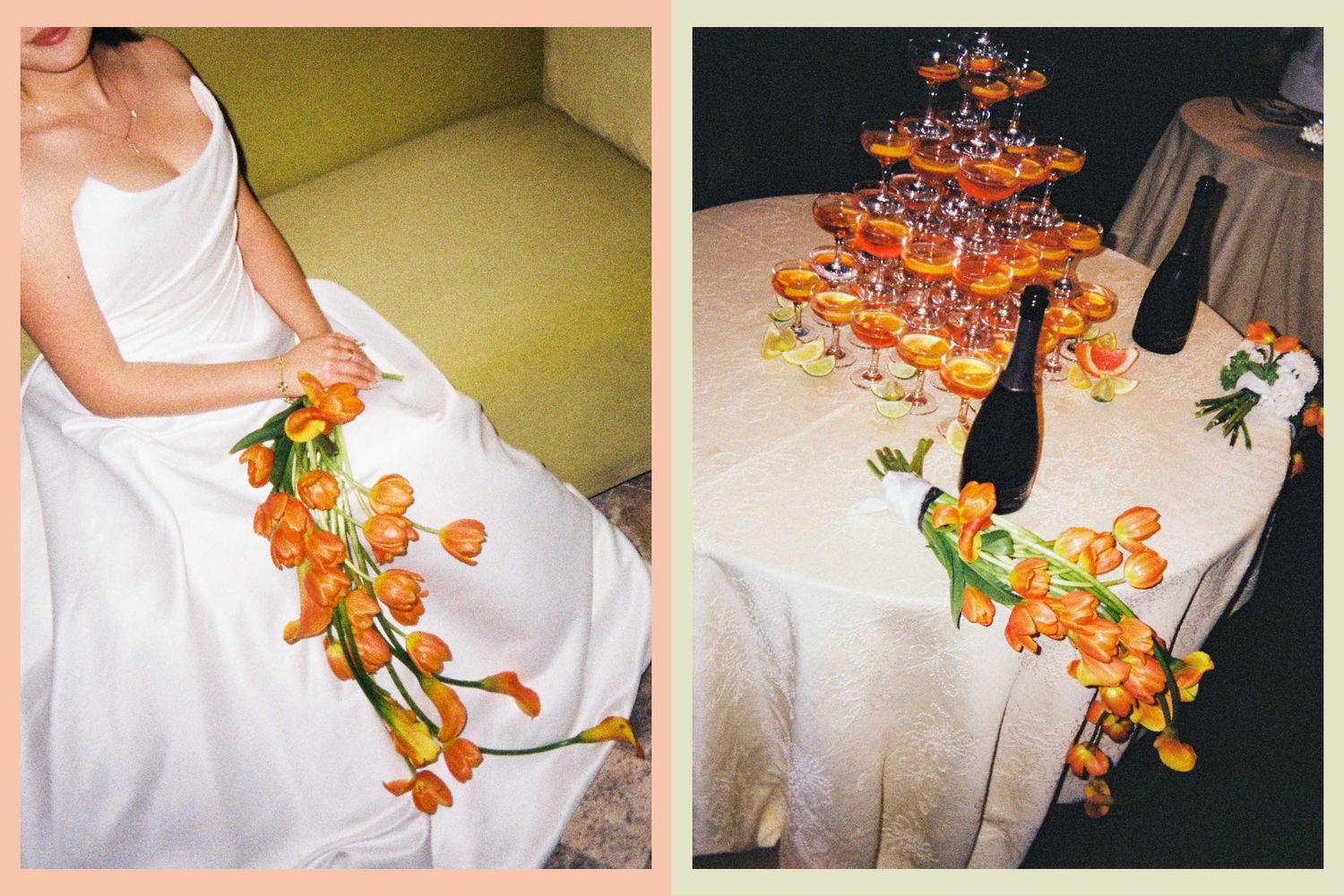 Series of close-up shots showing orange orchid flowers against white clothing.