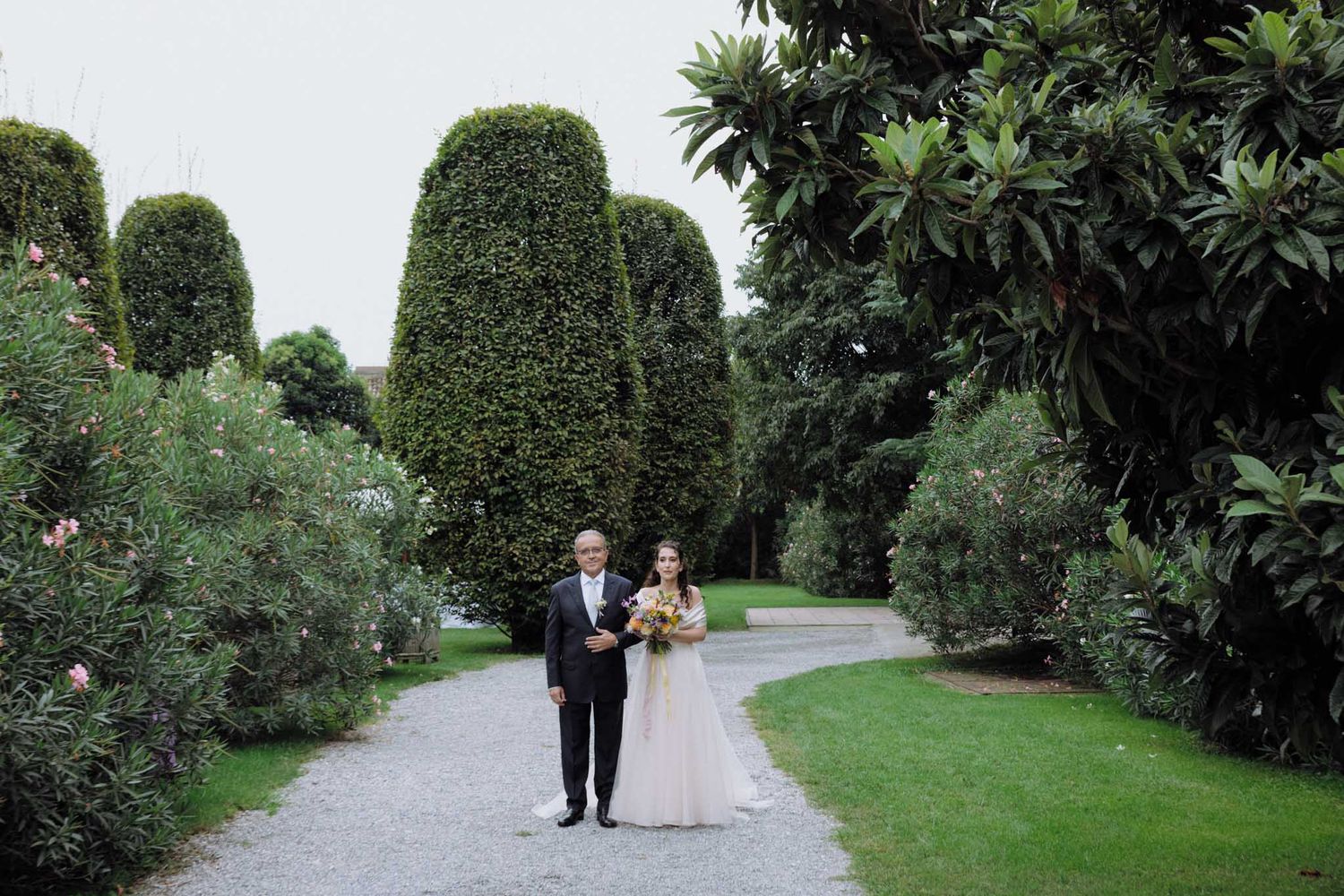 Garden pathway lined with tall manicured hedges and trees creates a romantic outdoor setting.
