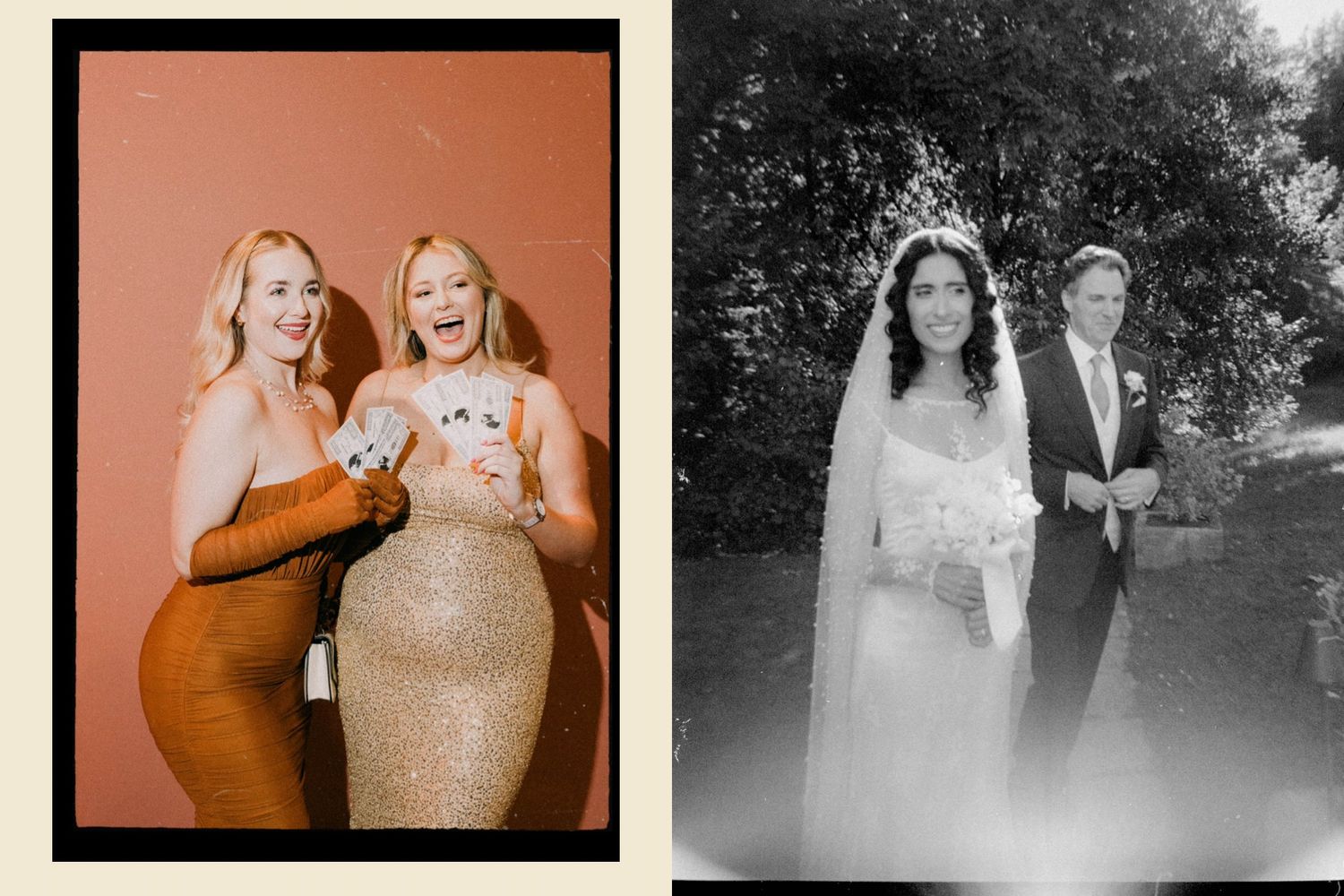 A collection of vintage-style wedding and portrait photographs arranged in a horizontal filmstrip layout.