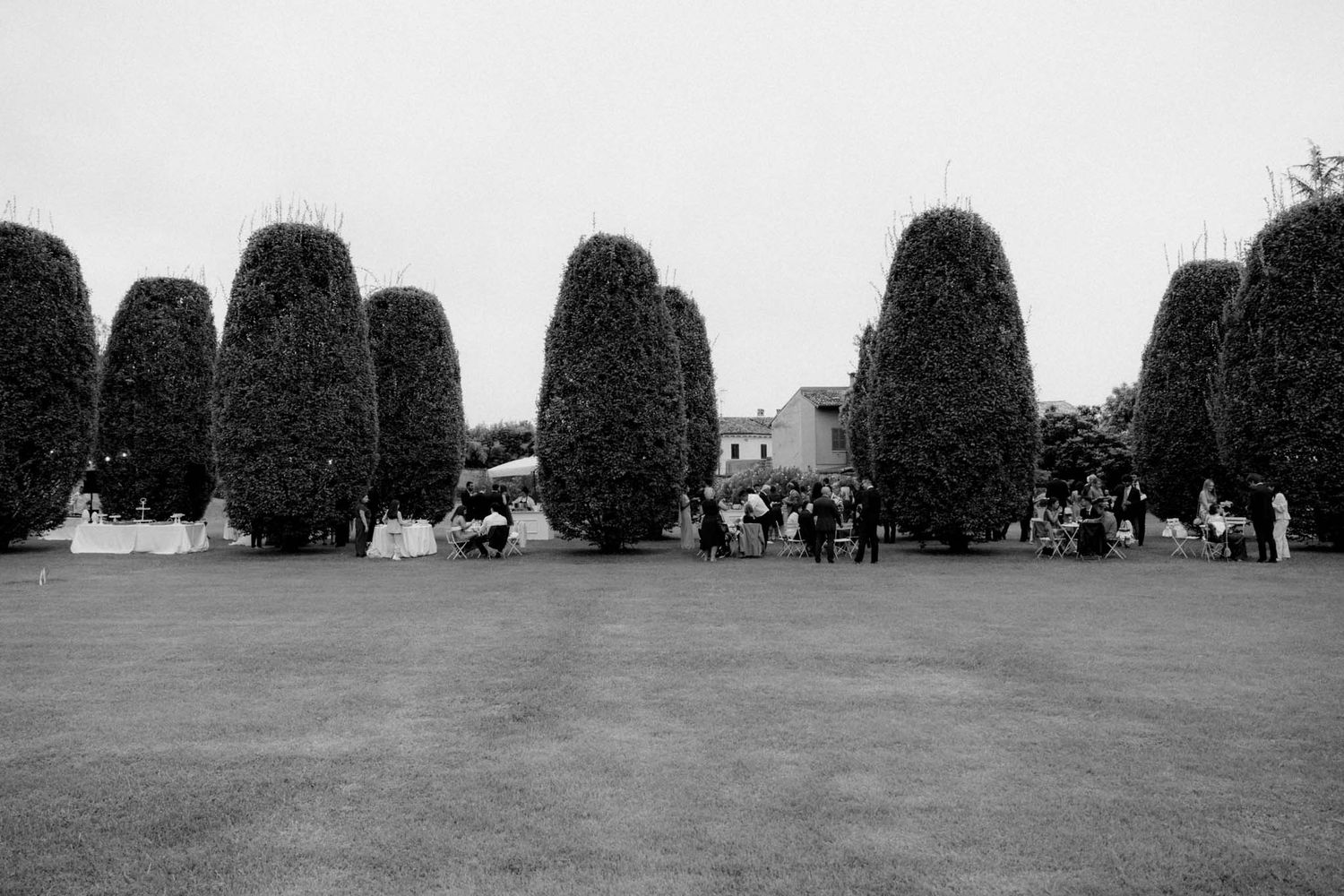 A panoramic view of a grassy field with neatly trimmed hedges and trees under an overcast sky.