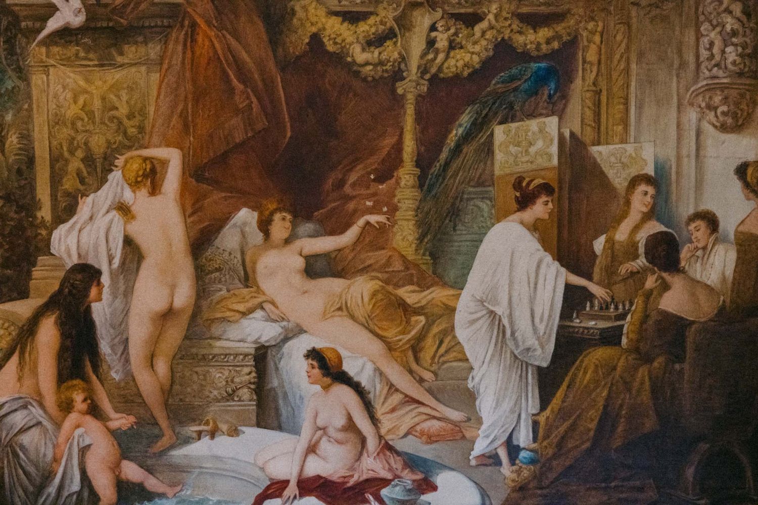 A classical art mural depicts figures in white robes gathering in an ancient Roman or Greek architectural setting.