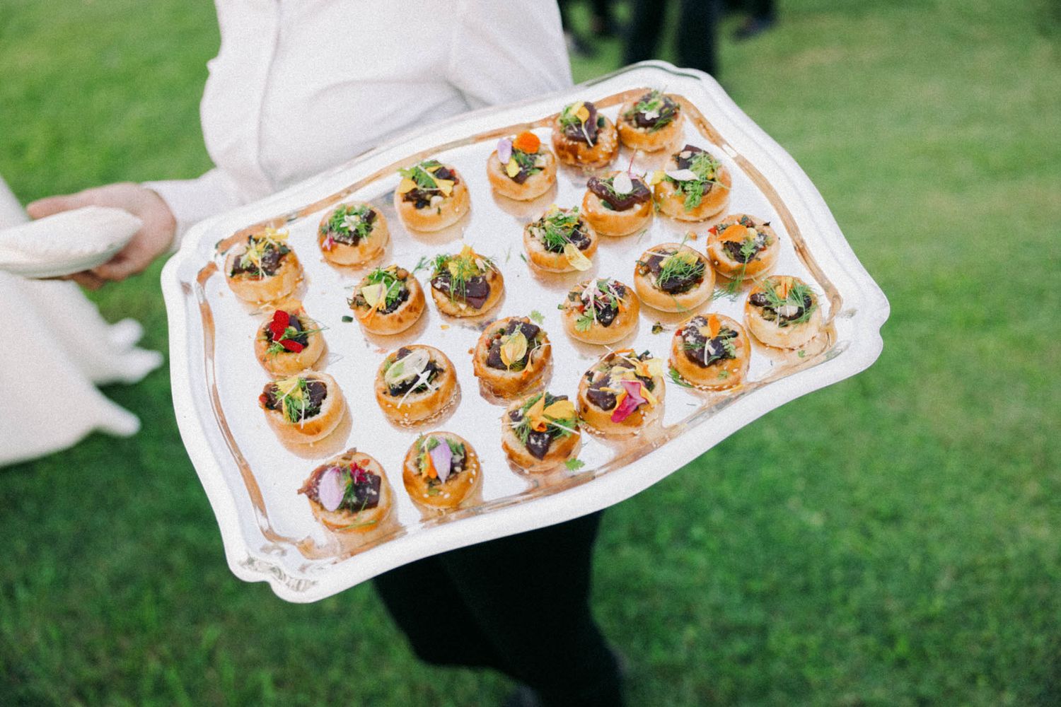 Catering trays filled with elegant hors d'oeuvres and appetizers being served on a lush green lawn at an outdoor event.