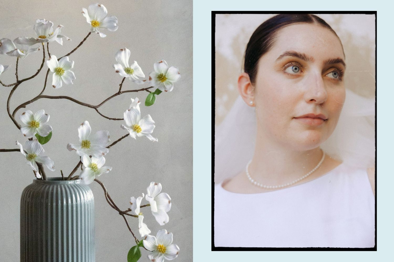 Delicate white cherry blossoms arranged with a modern gray ribbed vase in a minimalist spring composition.