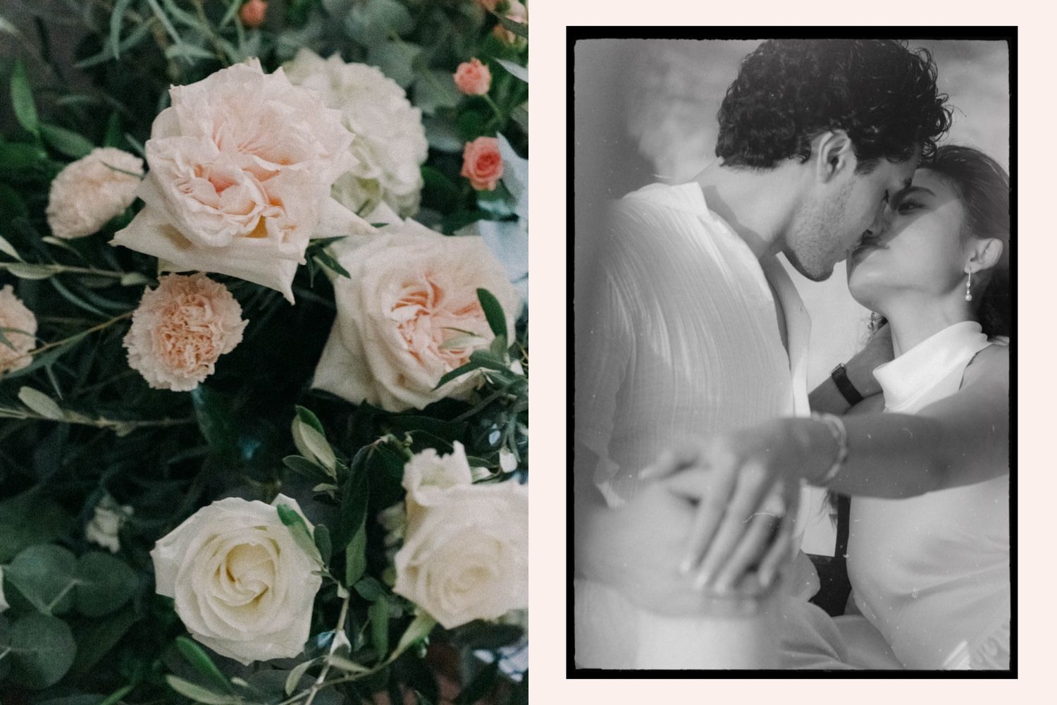 A romantic wedding photo collage featuring intimate moments and soft pink roses against dark green foliage.