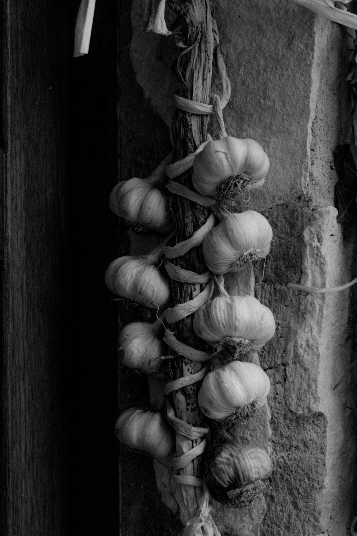 A string of fresh garlic bulbs hanging against a rustic stone wall in dramatic black and white lighting.