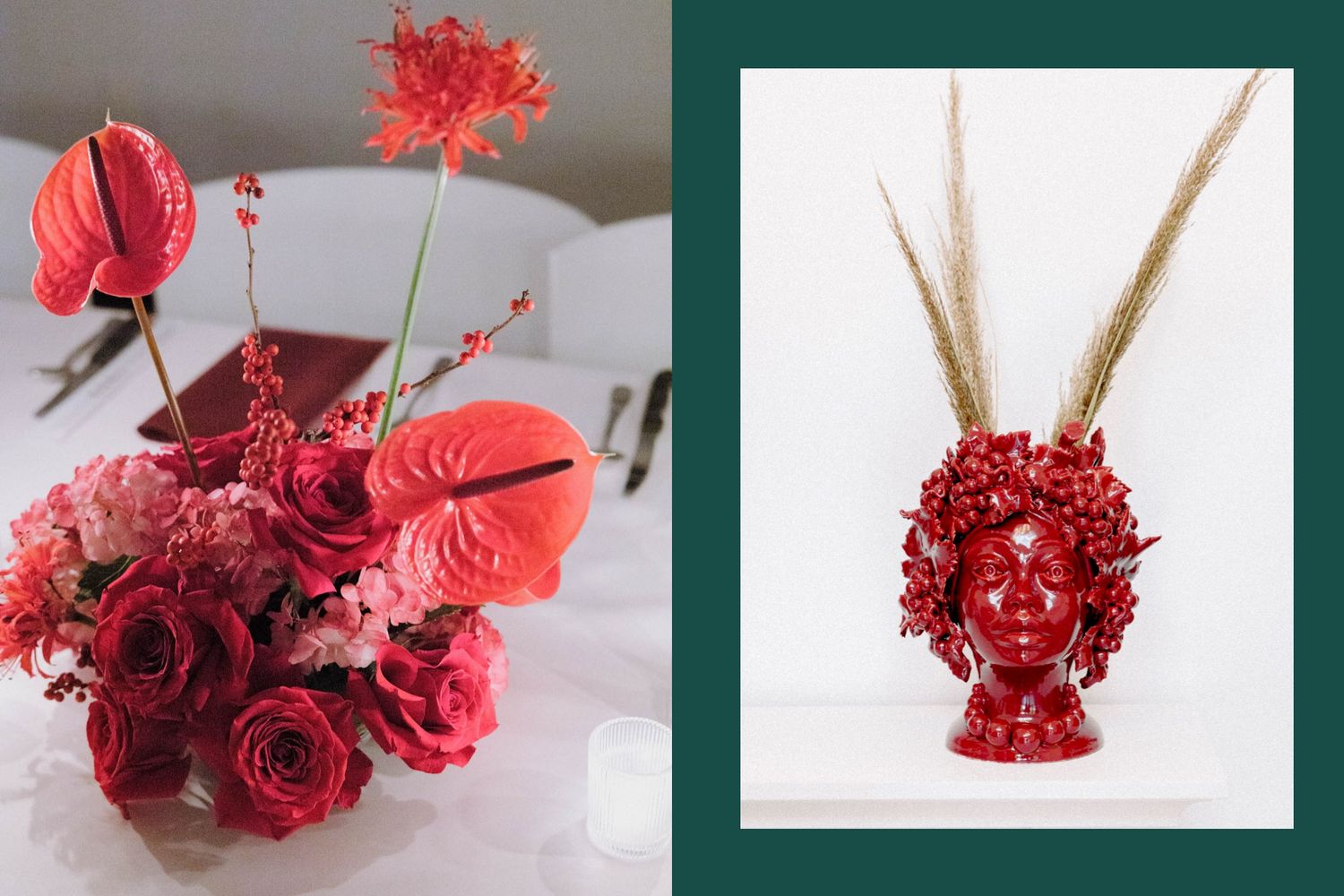 A vibrant red floral arrangement with anthurium flowers and roses next to a decorative red skull vase with wheat stems.