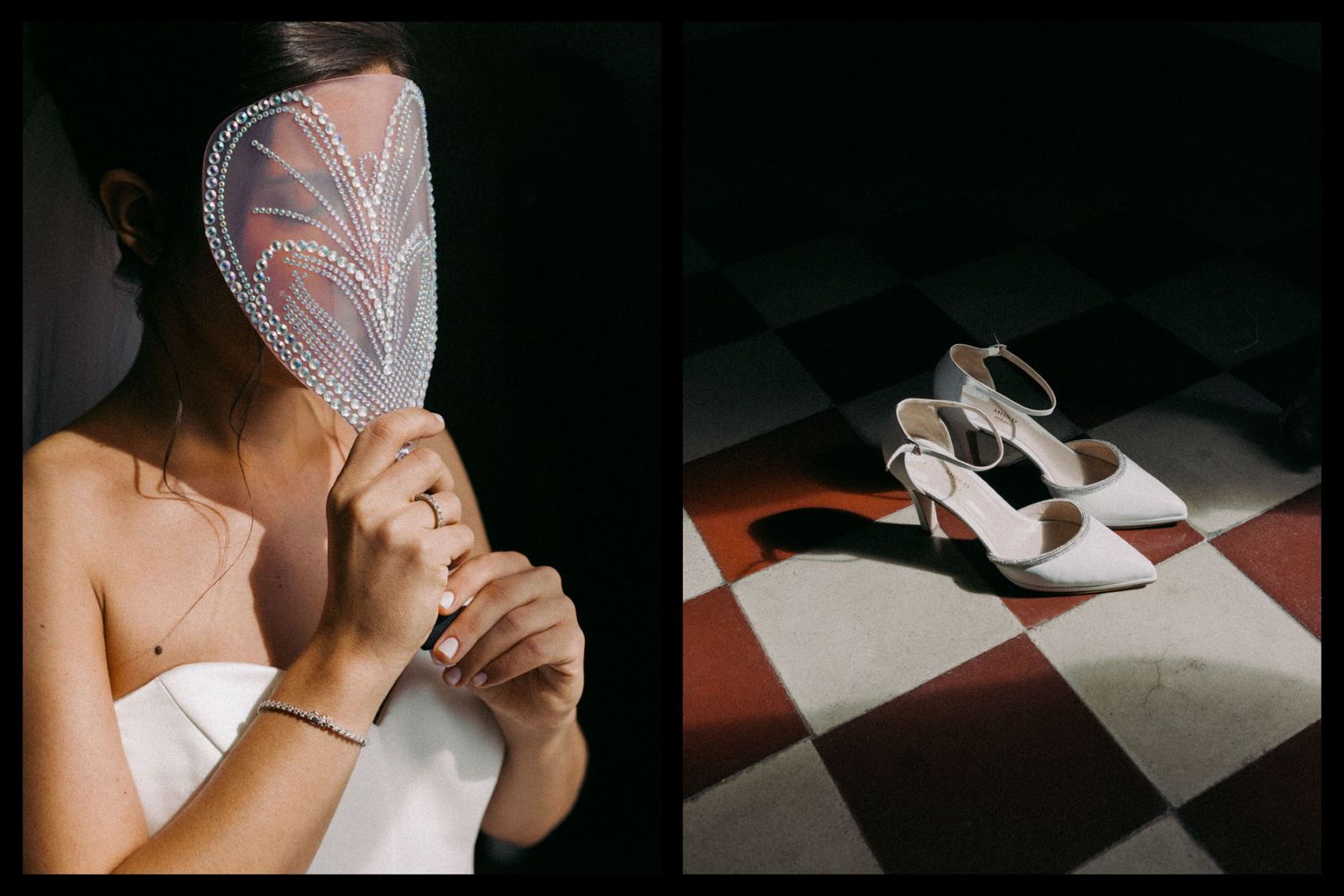 A sequence of wedding preparation photos showing hands adjusting a white dress, veil, and accessories in dim lighting.