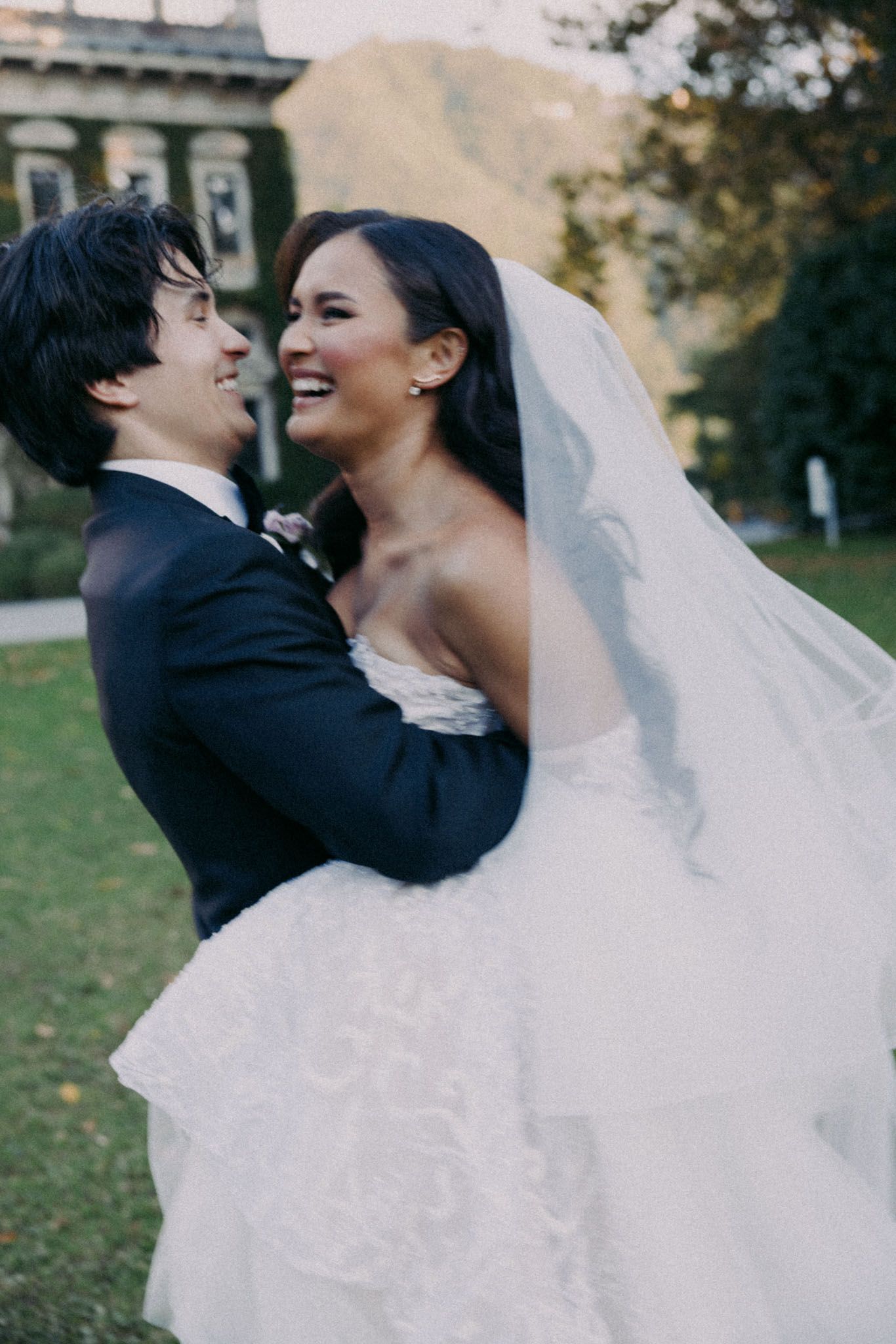 A romantic wedding photo sequence showing a couple laughing and embracing outdoors in natural lighting.