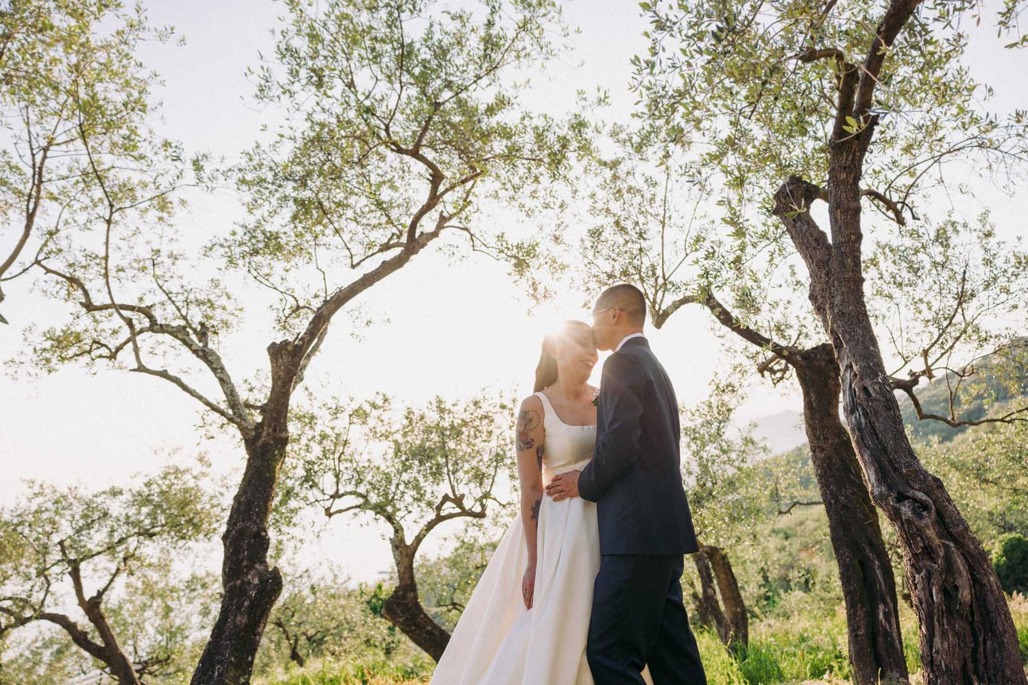 A bride and groom embrace among olive trees during a golden hour wedding photo session.