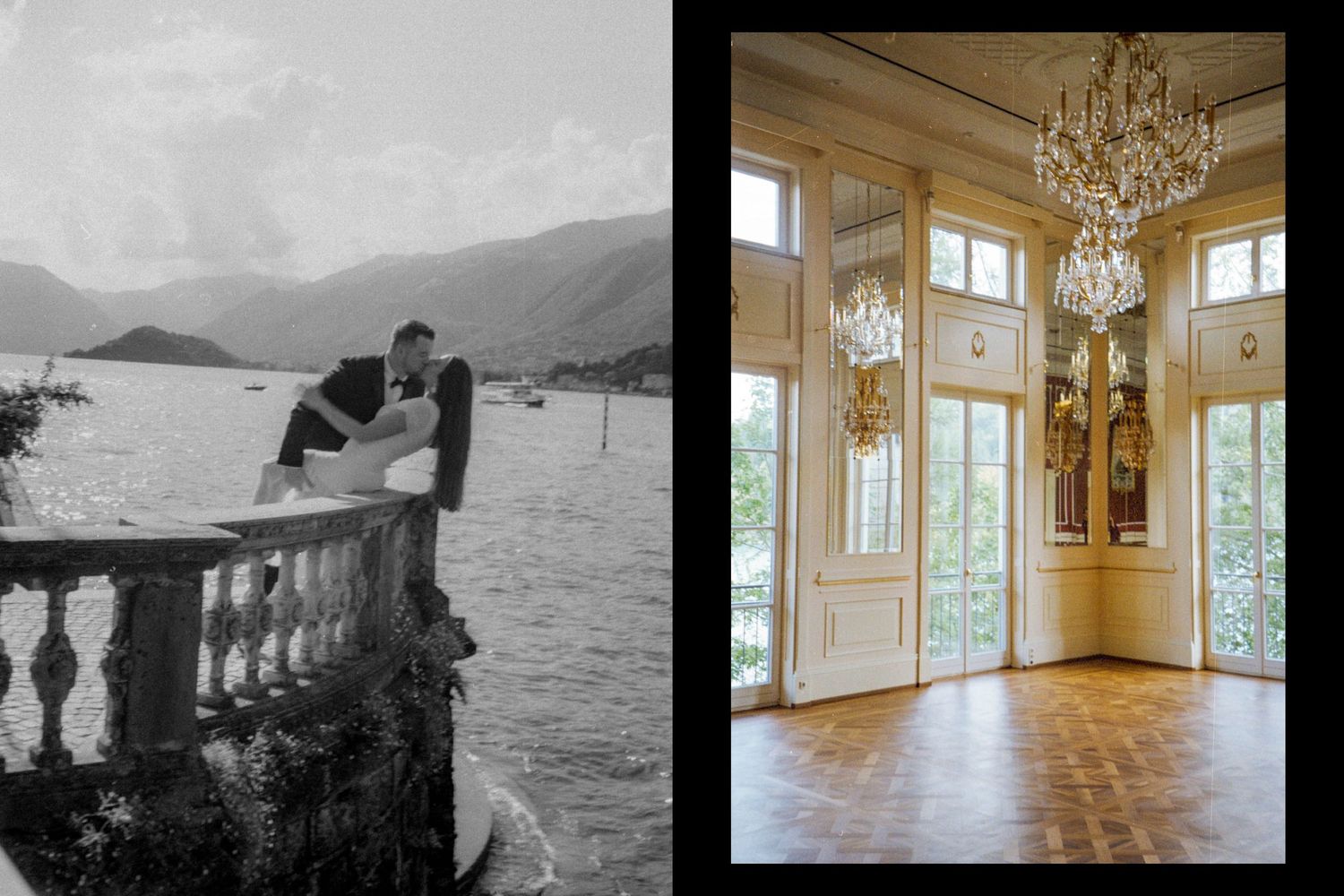 Elegant ballroom interior with crystal chandeliers and large windows overlooking mountain views.