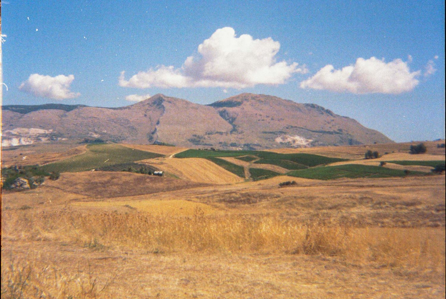 Rolling golden hills and farmland stretch toward distant brown mountains under a bright blue sky with puffy white clouds.