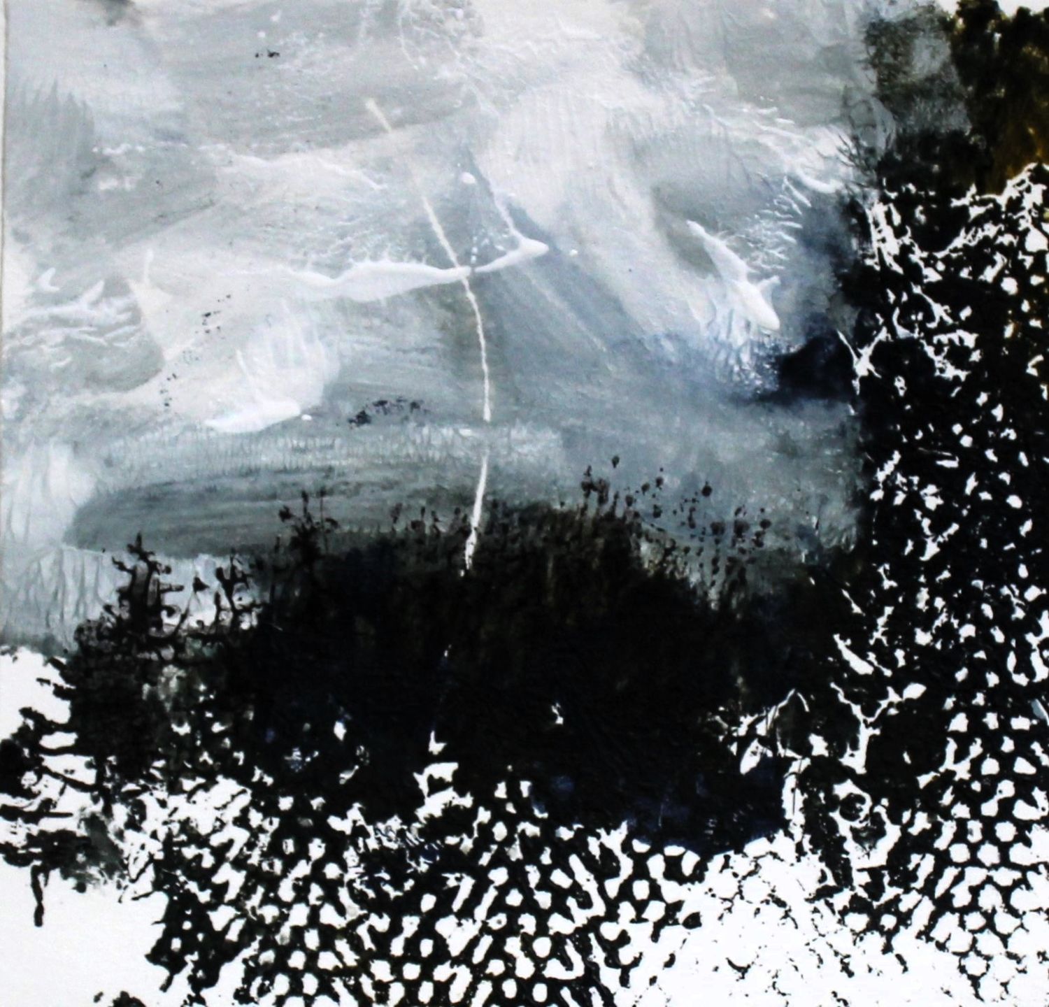 Abstract  landscape painting with a dramatic backdrop.