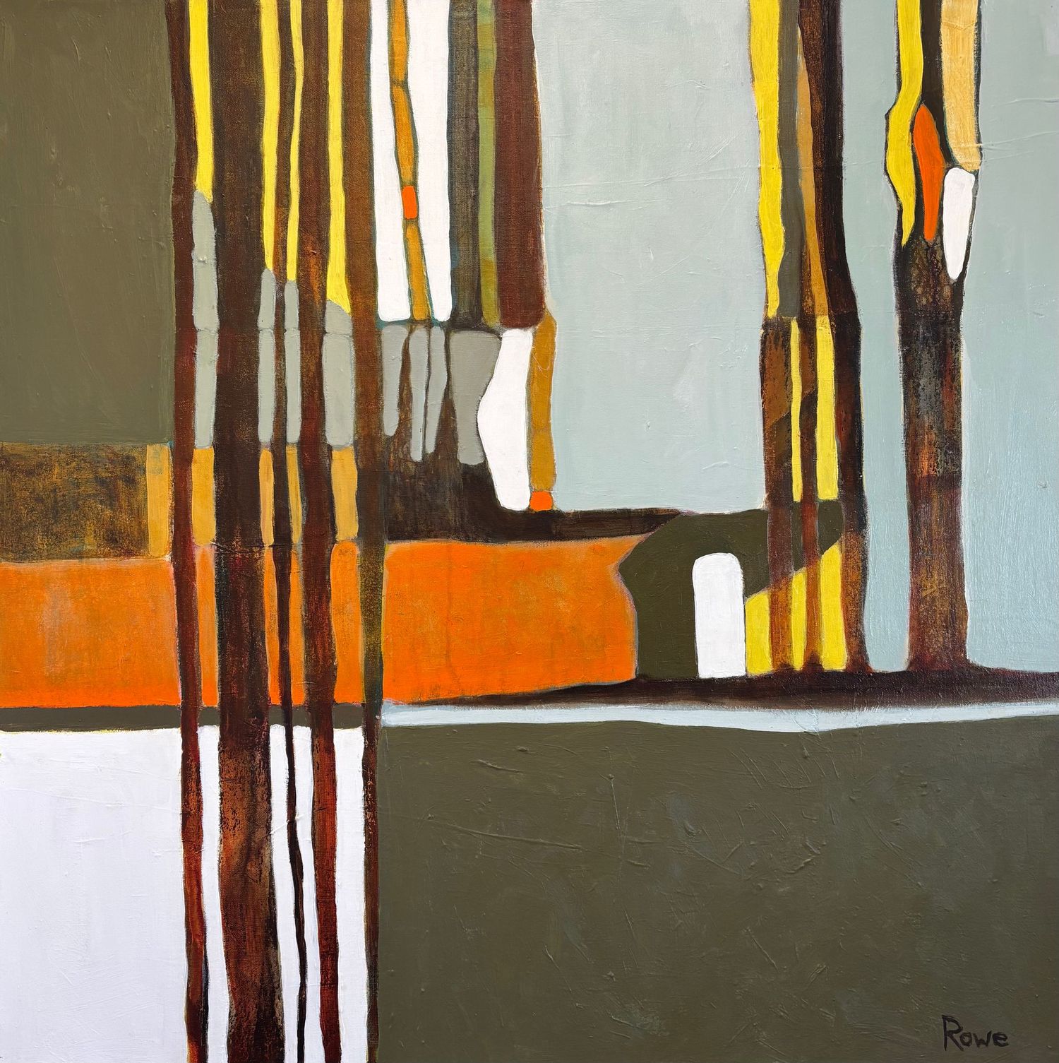 Abstract painting depicting country roads, showing vertical brown lines intersecting with horizontal orange and green bands and a light blue