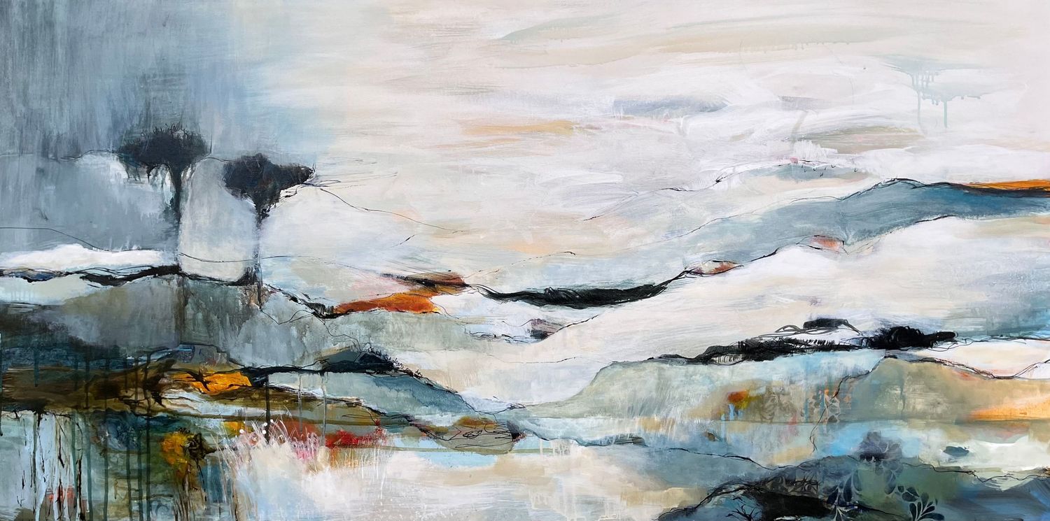 Abstract landscape painting featuring moody blues and earth tones with dark trees silhouetted against a misty horizon.