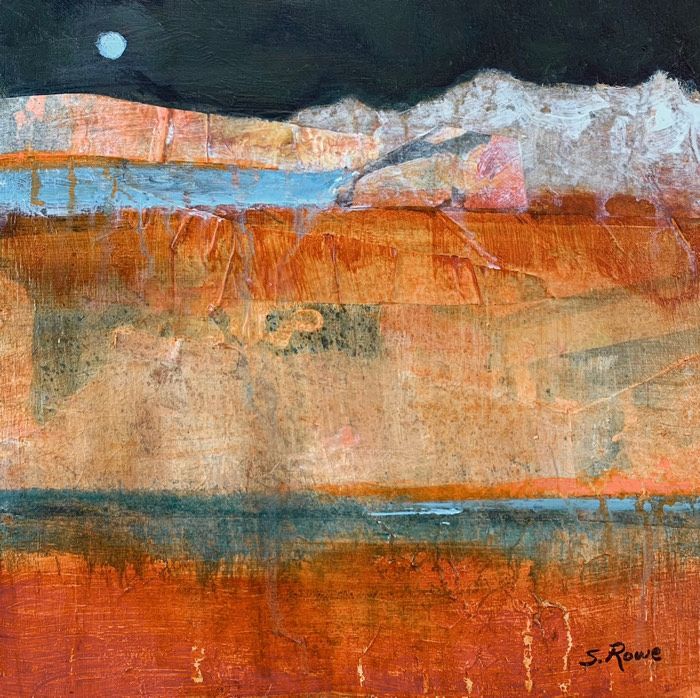 Abstract landscape painting with orange and rust tones depicting mountains under a full moon against a dark sky.