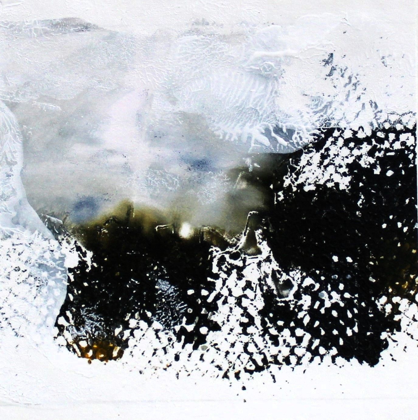Abstract painting of snowy mountain peaks rise through misty clouds in a dramatic panoramic winter landscape.