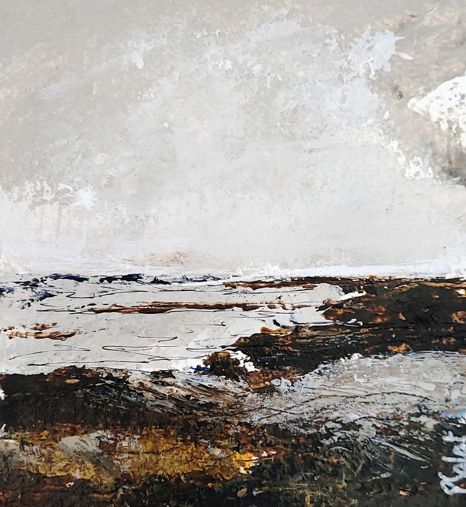 A panoramic abstract landscape painting with dark earthy tones depicting a cold ocean and a moody sky
