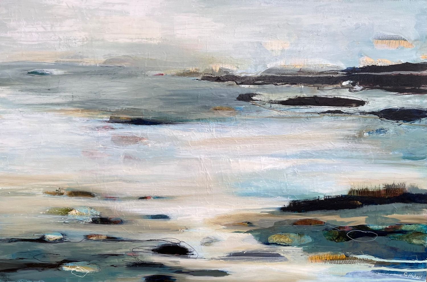Abstract landscape painting with soft blues, whites and dark accents creates a serene coastal horizon atmosphere.