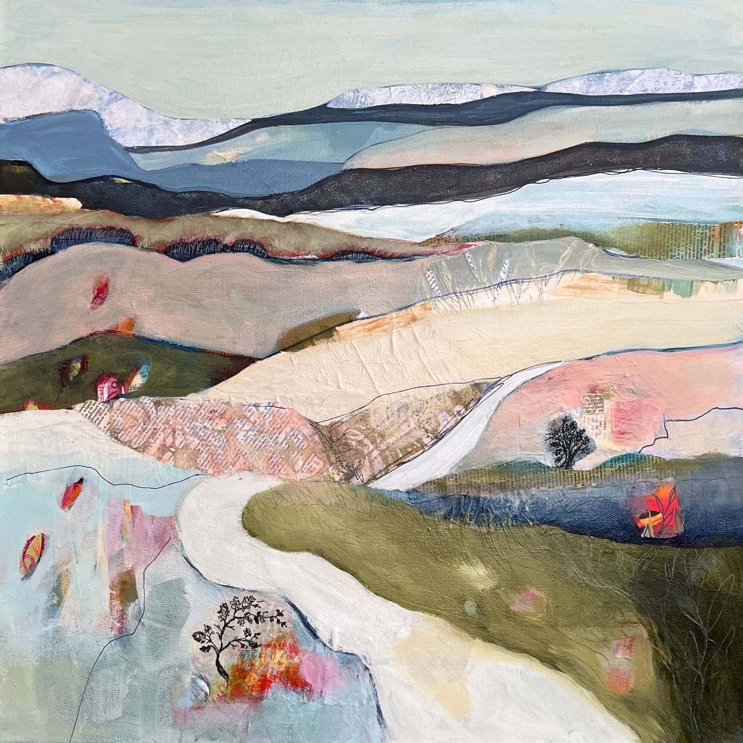 Abstract landscape painting with rolling hills in soft pastel colors featuring pink, blue, and green organic shapes.