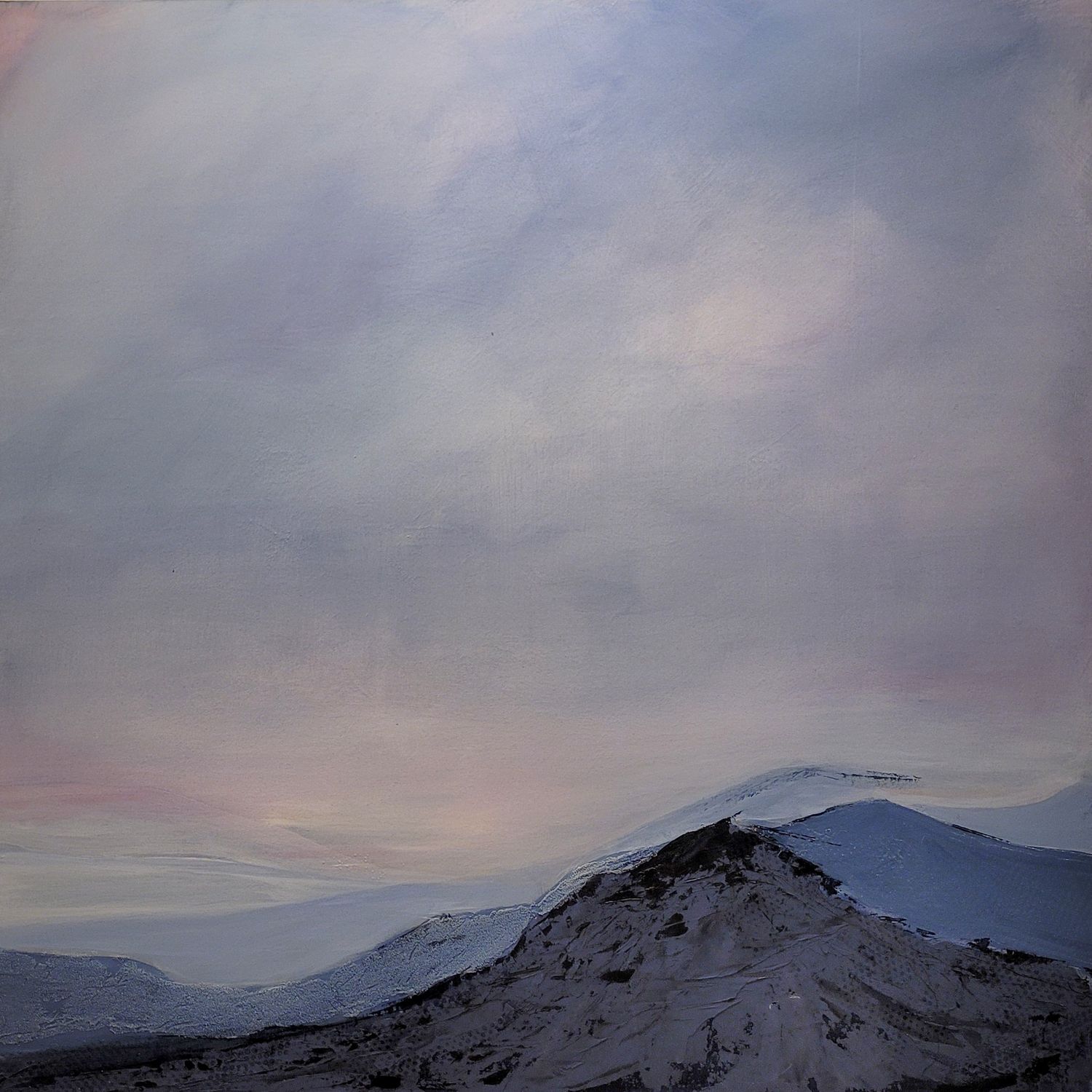 Panoramic landscape painting with moody cloudy skies stretching across the horizon.