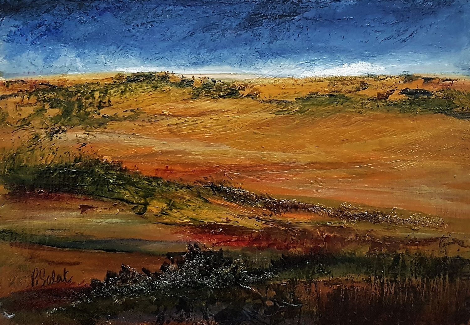 An abstract landscape painting featuring a dramatic sky  rolling hills and fields.