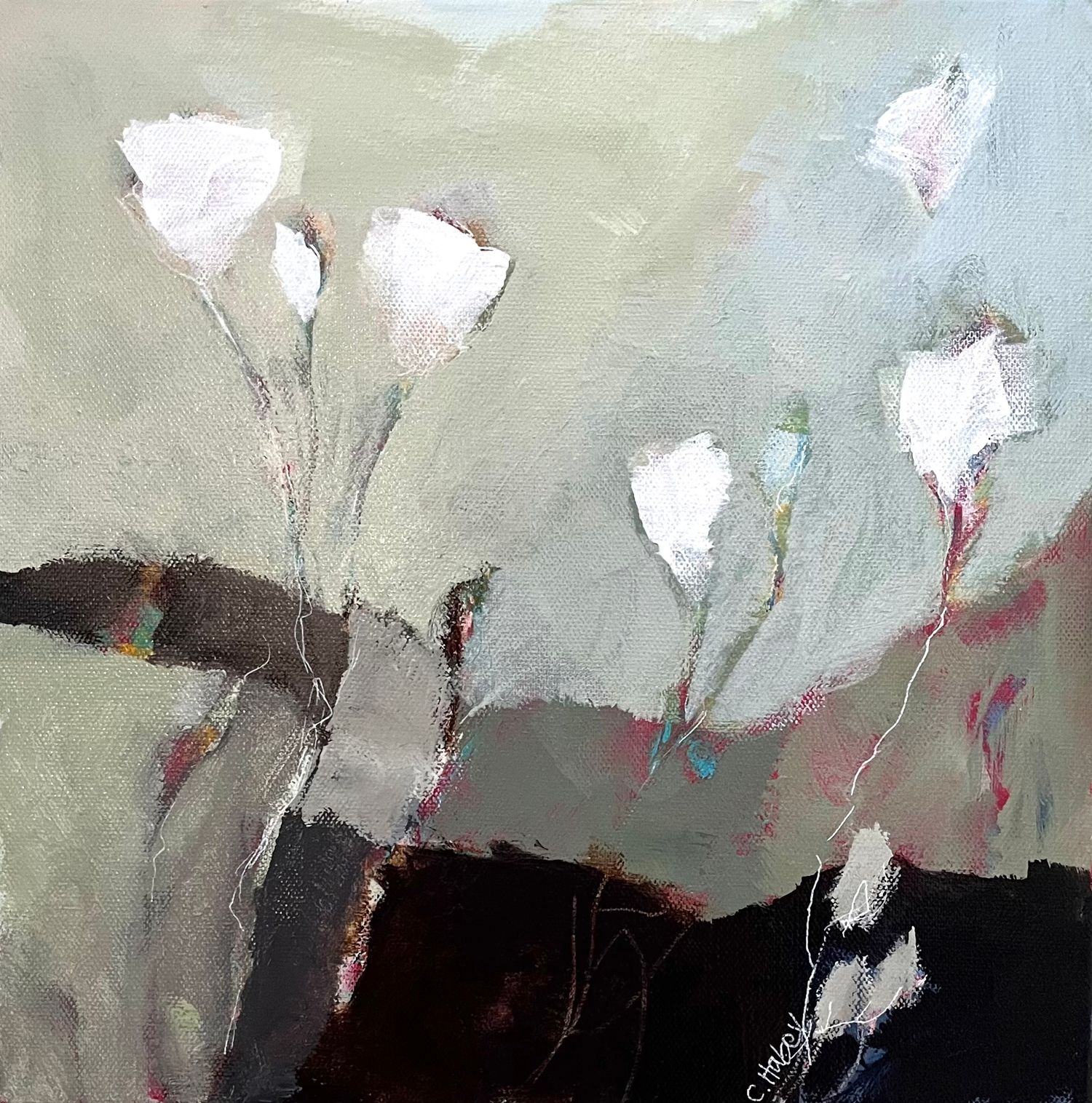 Abstract floral painting with white flower shapes against a muted green and black background in loose brushstrokes.