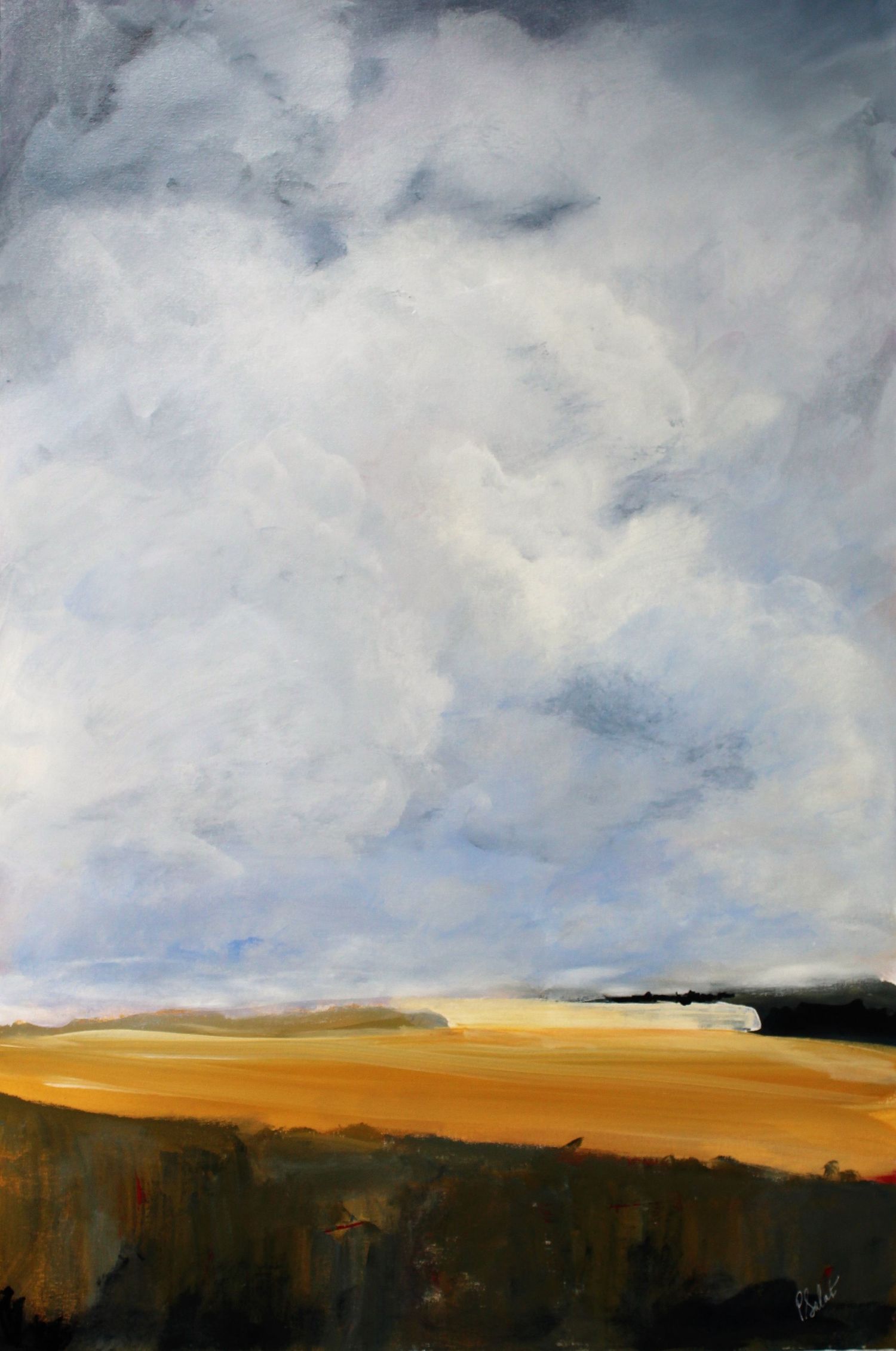 Dramatic panoramic landscape painting of rolling golden  fields under billowing clouds.