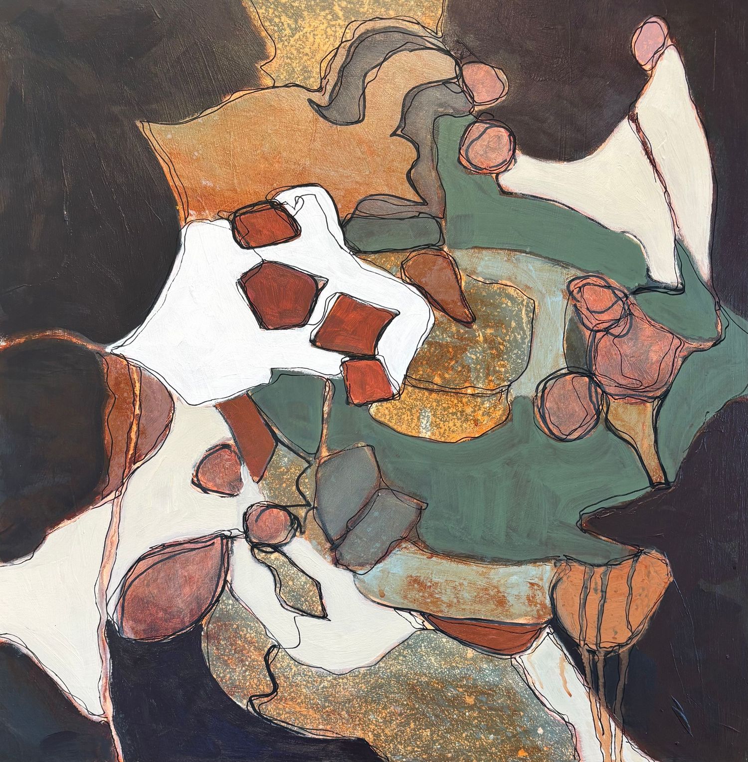 Abstract artwork featuring organic shapes in green, white, orange and brown tones with curved lines and geometric patterns.