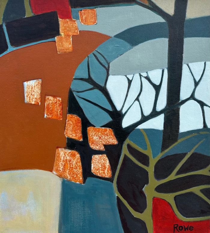 Abstract landscape artwork featuring silhouetted trees against an orange and blue sky with geometric shapes.