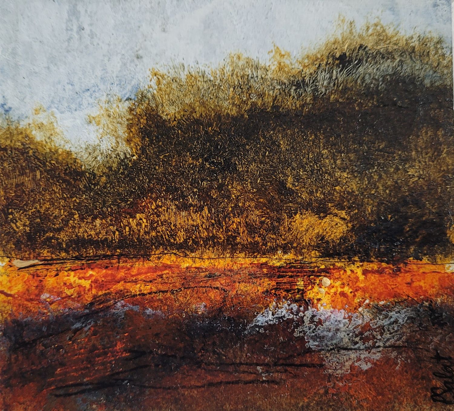 Abstract landscape painting featuring trees with  vibrant orange and red tones