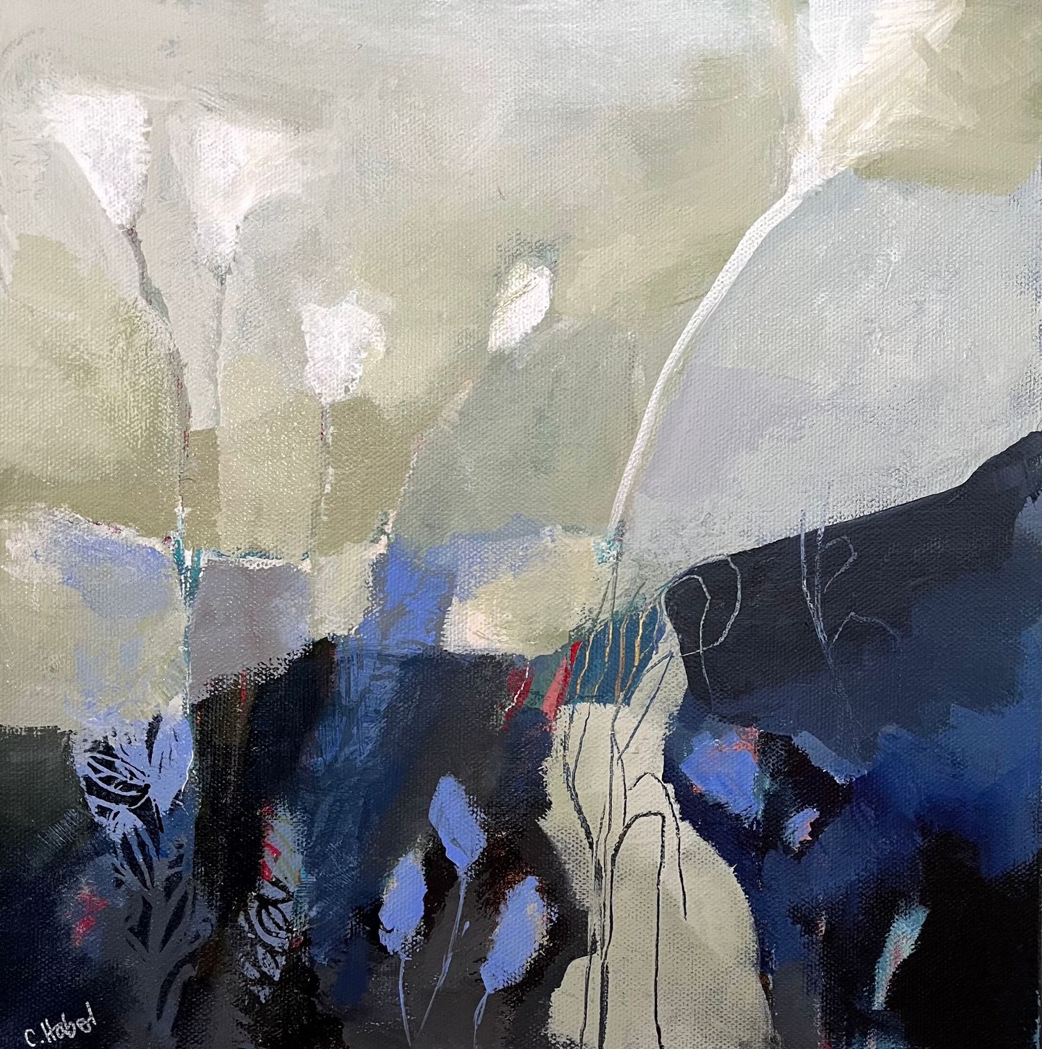 Abstract painting with deep blues and grays featuring gestural brushstrokes and organic shapes against a light background.