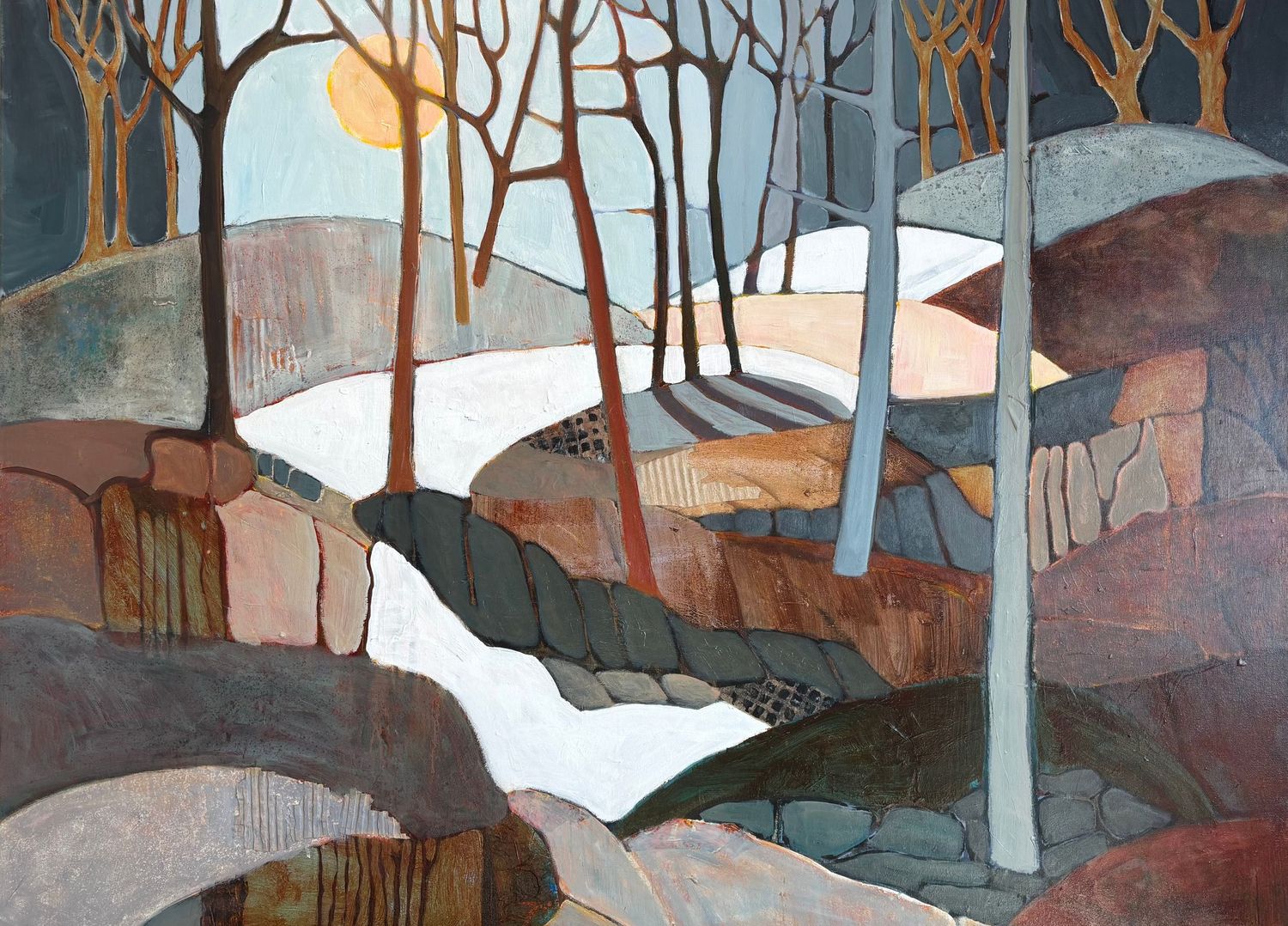 A snowy winter landscape painting with bare trees and rolling hills depicted in muted earth tones and white.