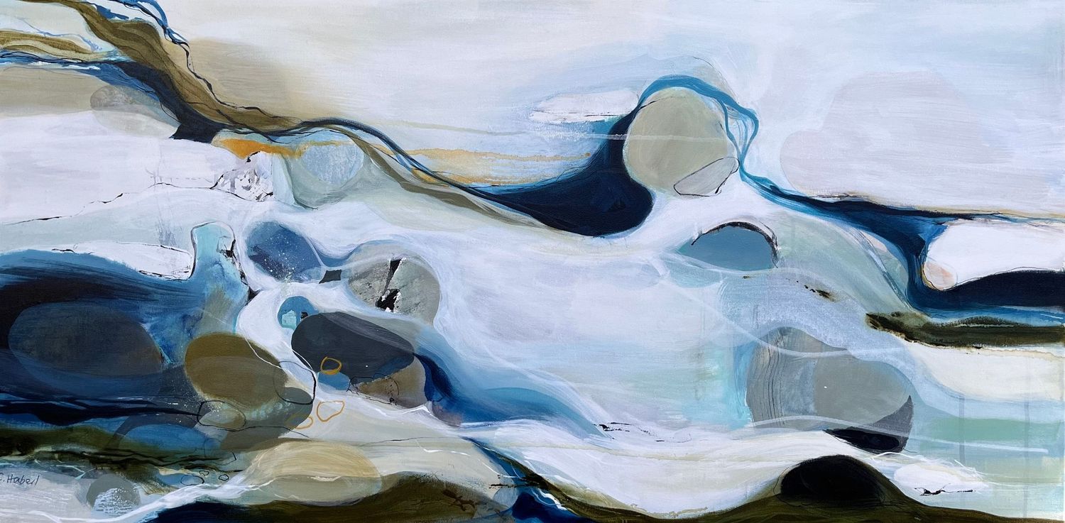 Abstract fluid art painting in shades of blue and white with flowing organic shapes and metallic accents.