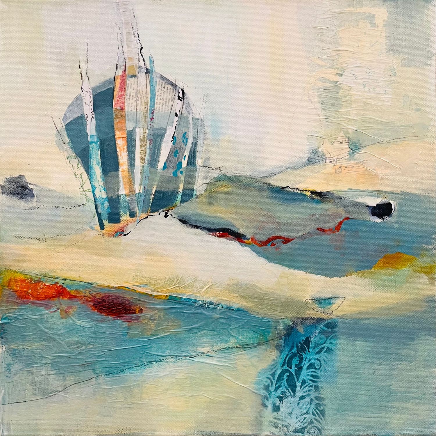 Abstract landscape painting in soft blues and beiges with horizontal brushstrokes creating a serene coastal atmosphere.