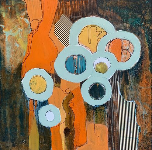 Abstract artwork featuring orange and blue organic shapes with black linear elements against a textured background.