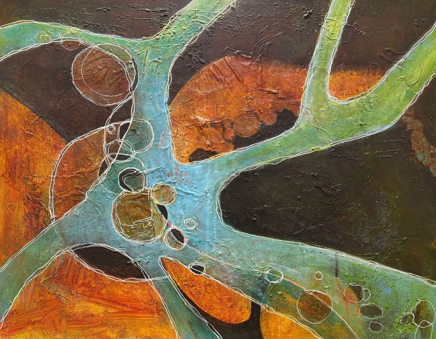 Abstract artwork featuring swirling green and orange patterns with contrasting dark background and circular elements.