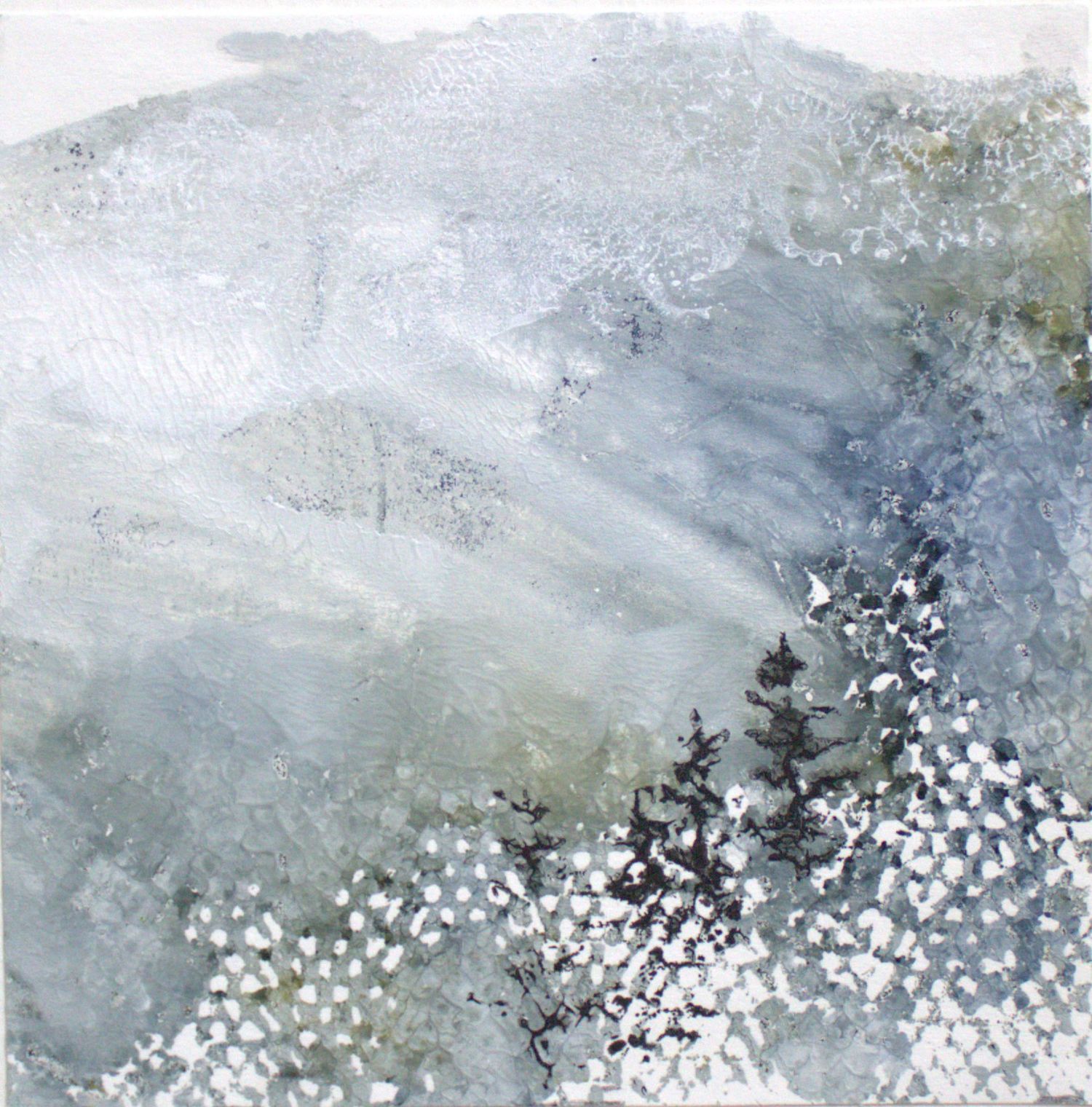 Abstract painting of a winter landscape with white snow dots and dark evergreen trees in the background.